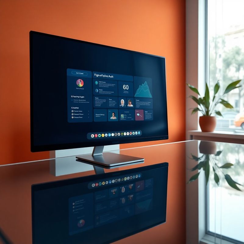 Interfaccia UI ad alta fedeltà su Figma, monitor in workspace illuminato di indigo