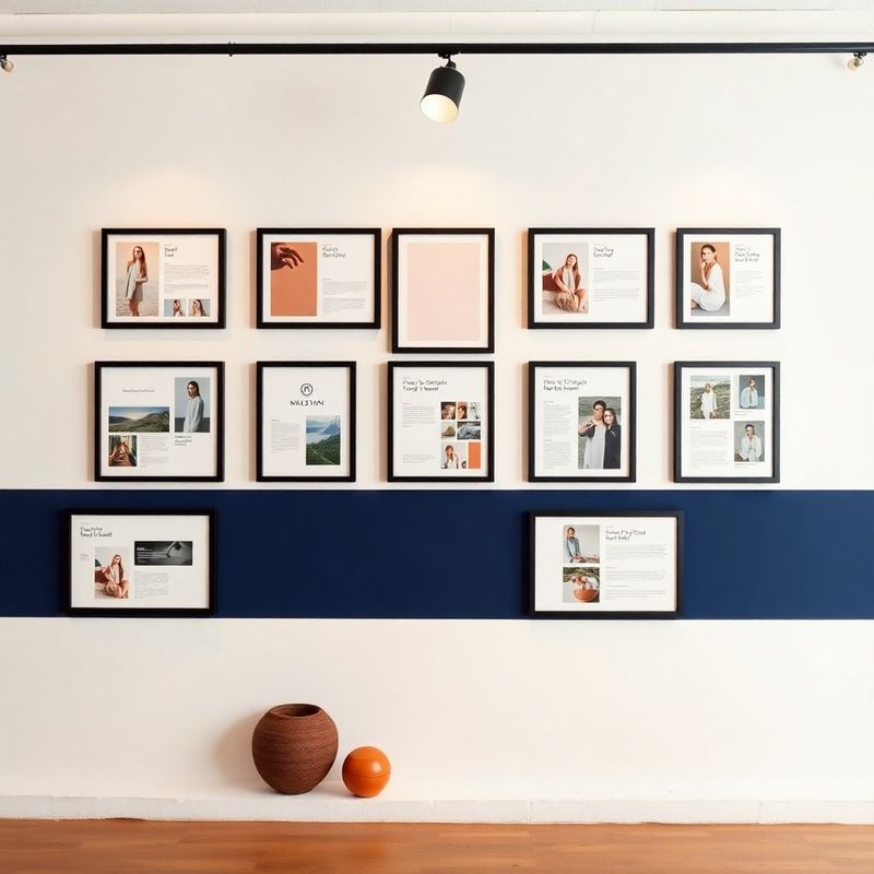 Gallery wall con casi studio di brand e web design in cornici indigo